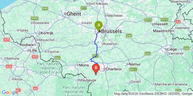 Map: Brussels Midi Train Station to Thuin