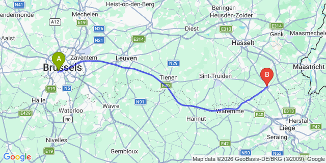 Map: Brussels Midi Train Station to Tongeren