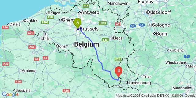 Map: Brussels Midi Train Station to Tontelange