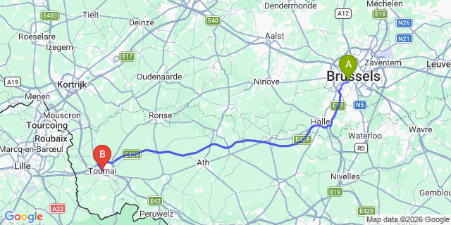 Map: Brussels Midi Train Station to Tournai