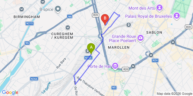 Map: Brussels Midi Train Station to Urban Centre‏ City Hostel, Brussels