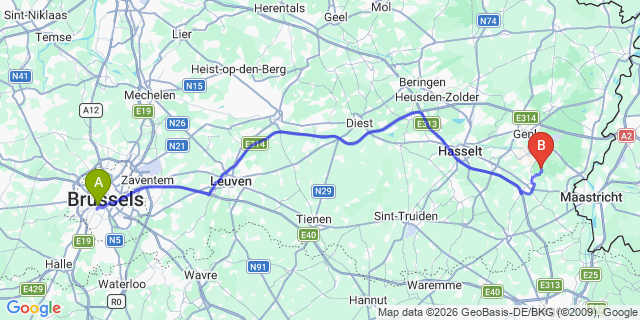 Map: Veenendaal to Brussels Midi Train Station