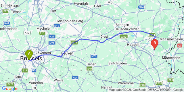Map: Veghel to Brussels Midi Train Station