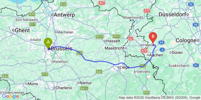 Map: Brussels Midi Train Station to Venlo
