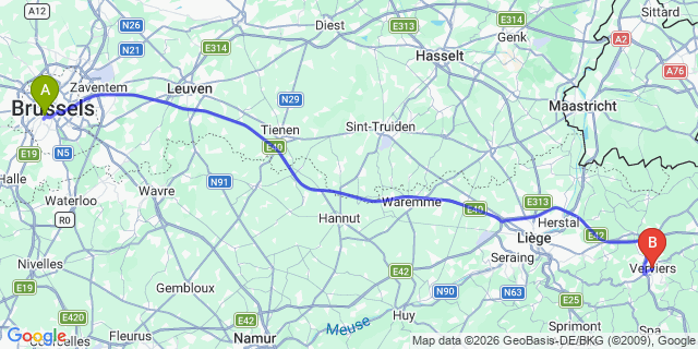 Map: Brussels Midi Train Station to Verviers
