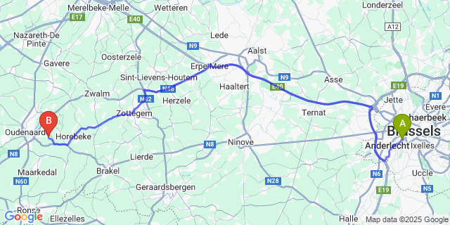 Map: Brussels Midi Train Station to Volkegem