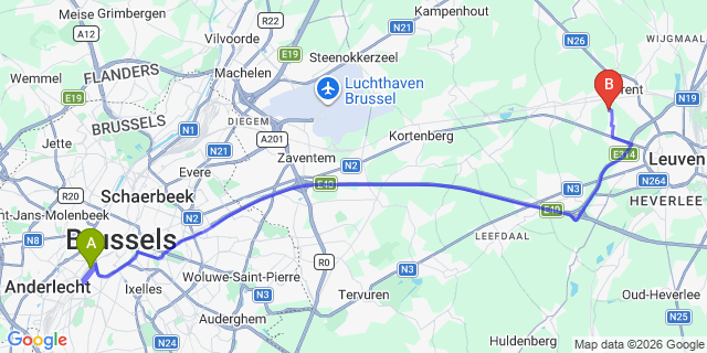 Map: Waddinxveen to Brussels Midi Train Station