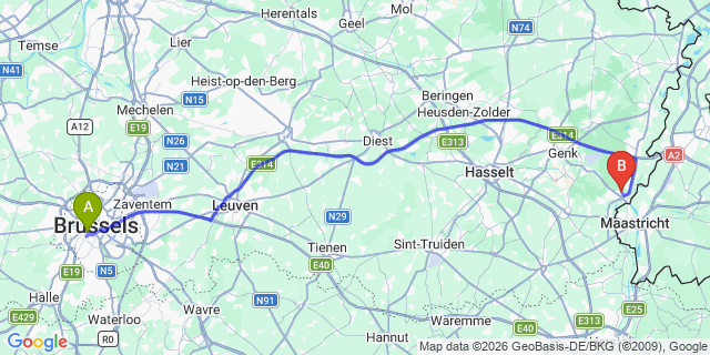 Map: Wageningen to Brussels Midi Train Station