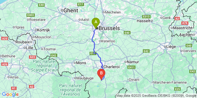 Map: Brussels Midi Train Station to Walcourt
