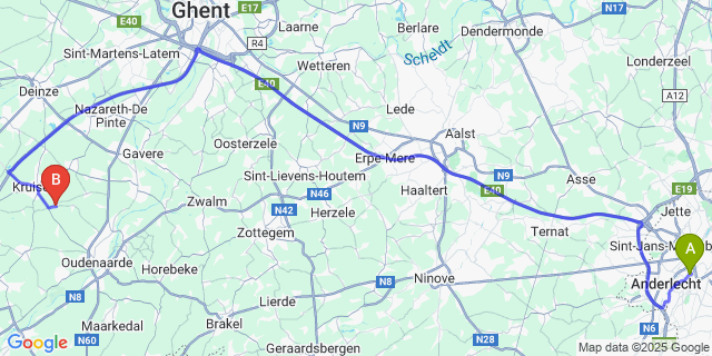 Map: Brussels Midi Train Station to Wannegem-Lede