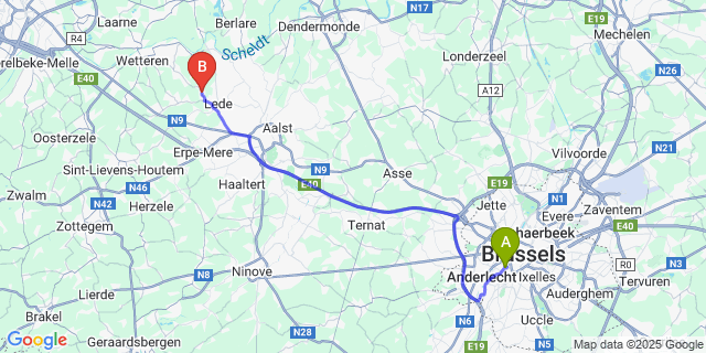 Map: Brussels Midi Train Station to Wanzele