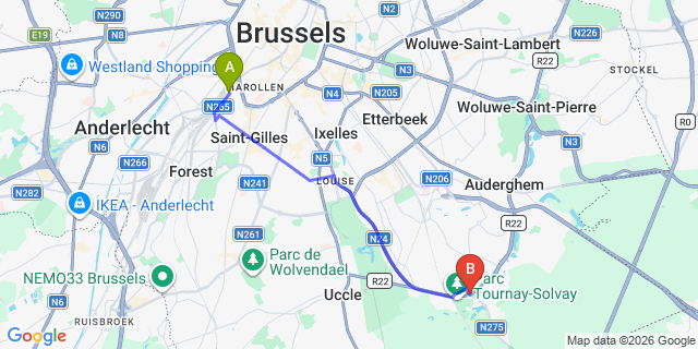 Map: Brussels Midi Train Station to Watermael-Boitsfort