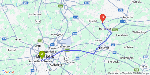 Map: Brussels Midi Train Station to Werchter