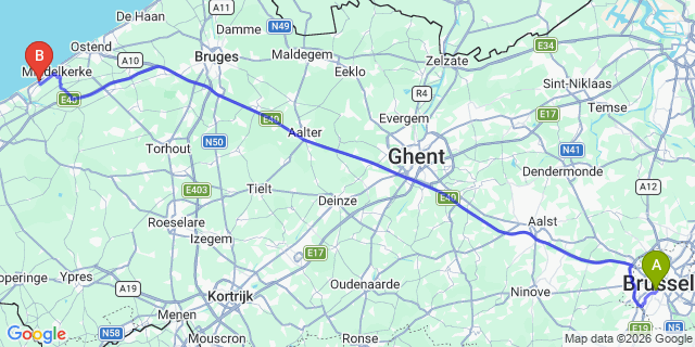 Map: Brussels Midi Train Station to Westende