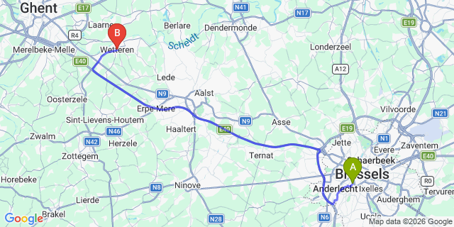 Map: Brussels Midi Train Station to Wetteren