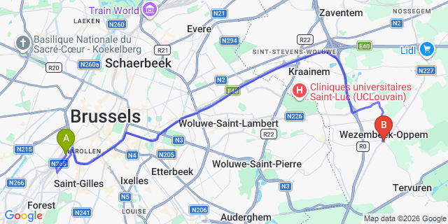 Map: Brussels Midi Train Station to Wezembeek-Oppem