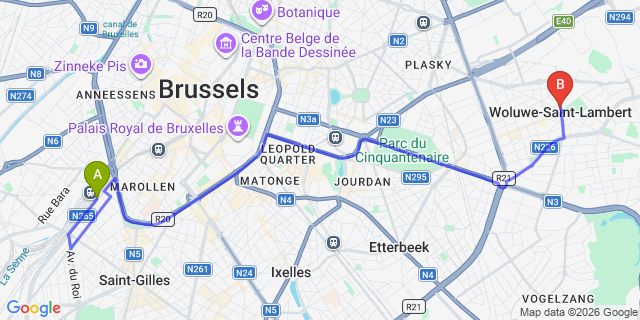 Map: Brussels Midi Train Station to Woluwe-Saint-Lambert