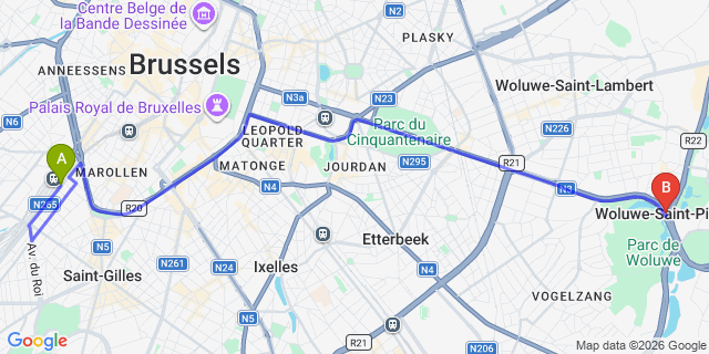 Map: Brussels Midi Train Station to Woluwe-Saint-Pierre