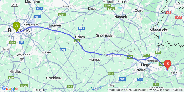 Map: Brussels Midi Train Station to Xhendelesse