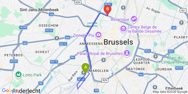 Map: Brussels Midi Train Station to Yadoya Hotel, Brussels