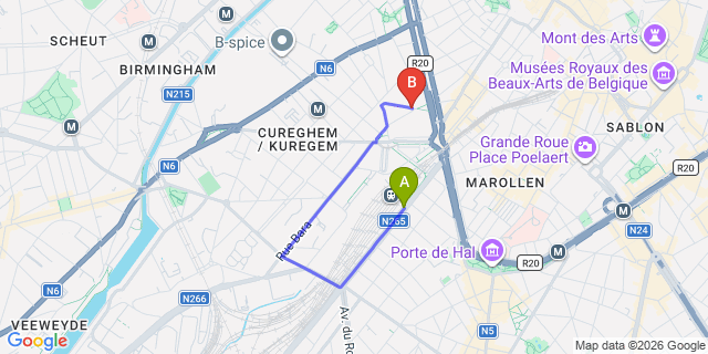 Map: Brussels Midi Train Station to Yooma Urban Lodge, Brussels