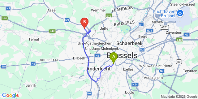 Map: Brussels Midi Train Station to Zellik