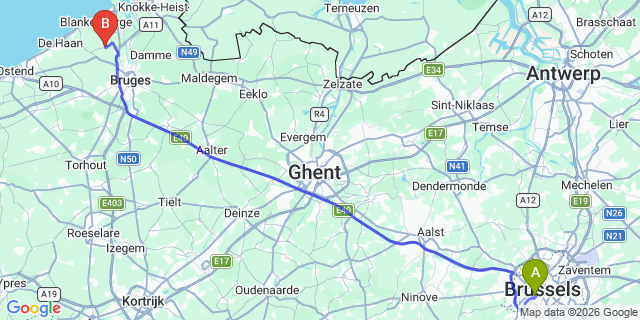 Map: Brussels Midi Train Station to Zuienkerke