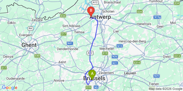 Map: Brussels Midi Train Station to Zwijndrecht