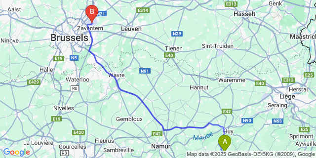 Map: Brussels Zaventem Airport (BRU) to Goesnes