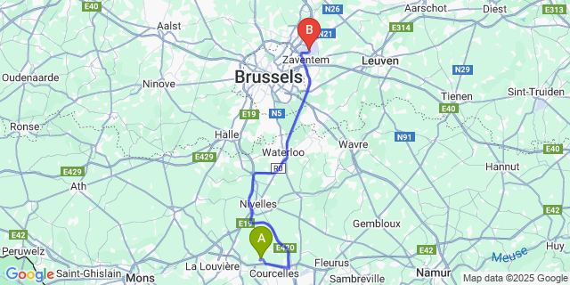 Map: Brussels Zaventem Airport (BRU) to Gouy-Lez-Piéton