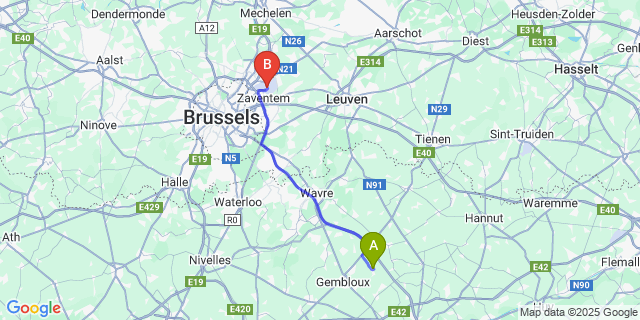 Map: Brussels Zaventem Airport (BRU) to Grand-Leez