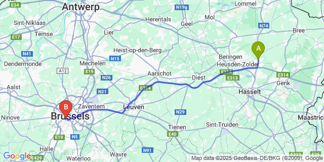 Map: Brussels Midi Train Station to Helchteren