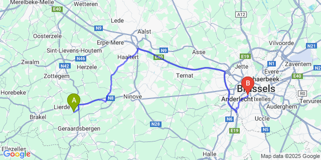 Map: Brussels Midi Train Station to Hemelveerdegem