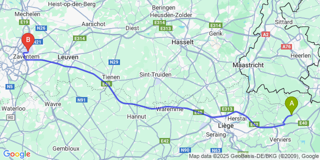 Map: Brussels Zaventem Airport (BRU) to Henri-Chapelle