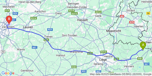 Map: Brussels Zaventem Airport (BRU) to Hergenrath