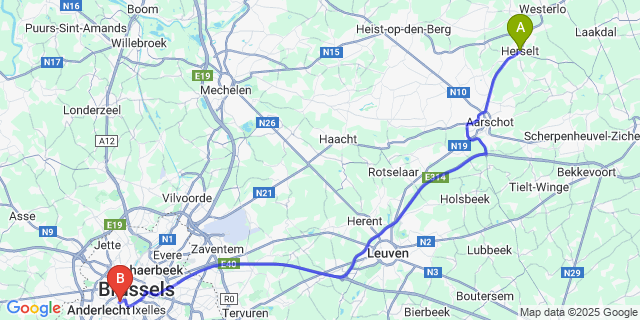 Map: Brussels Midi Train Station to Herselt
