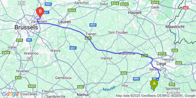 Map: Brussels Zaventem Airport (BRU) to Hody