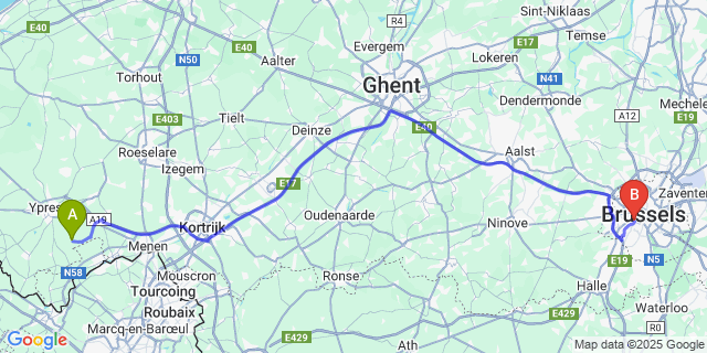 Map: Brussels Midi Train Station to Hollebeke