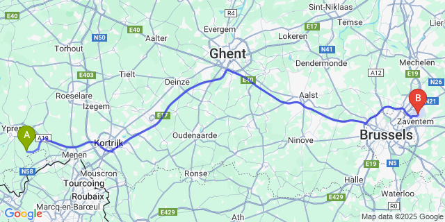 Map: Brussels Zaventem Airport (BRU) to Hollebeke