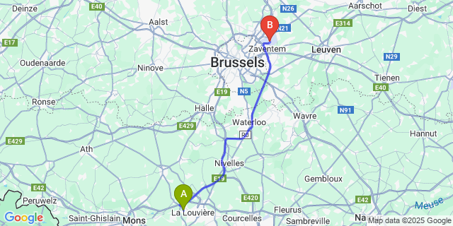 Map: Brussels Zaventem Airport (BRU) to Houdeng-Aimeries
