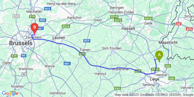 Map: Brussels Zaventem Airport (BRU) to Houtain-Saint-Siméon