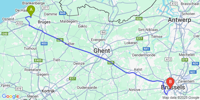 Map: Brussels Midi Train Station to Houtave