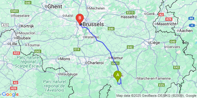 Map: Brussels Midi Train Station to Houyet