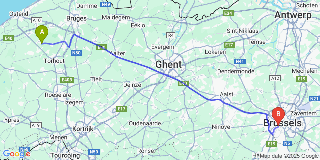 Map: Brussels Midi Train Station to Ichtegem