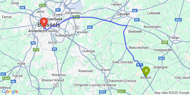 Map: Brussels Midi Train Station to Incourt