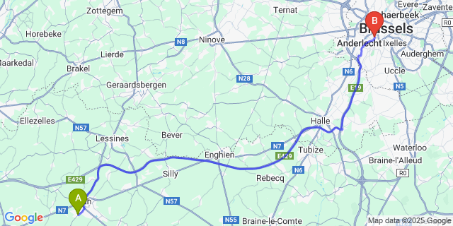 Map: Brussels Midi Train Station to Irchonwelz