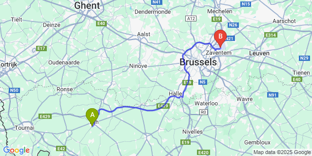 Map: Brussels Zaventem Airport (BRU) to Irchonwelz