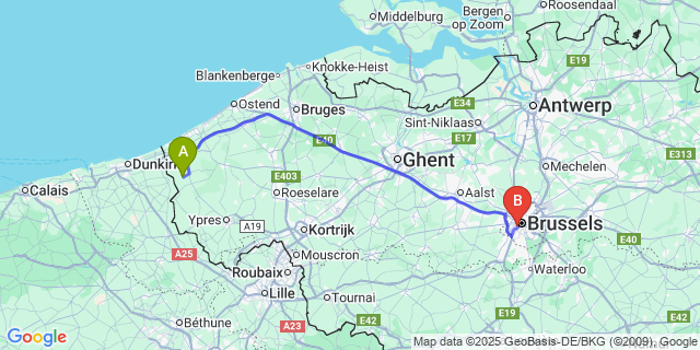 Map: Brussels Midi Train Station to Izenberge