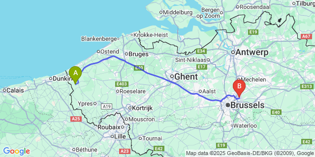 Map: Brussels Zaventem Airport (BRU) to Izenberge