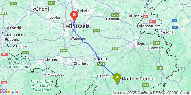 Map: Brussels Zaventem Airport (BRU) to Jemelle